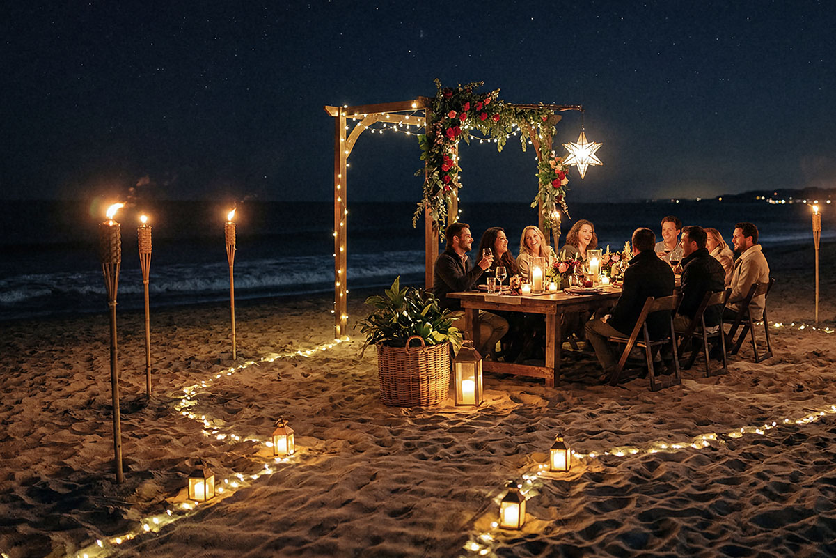 Jantar ao ar livre na praia com velas, tochas e arco decorado sob as estrelas