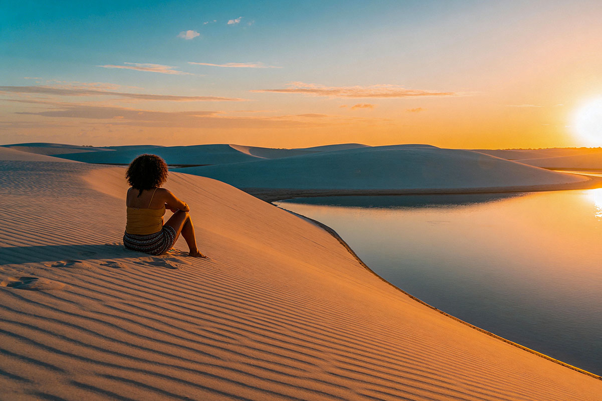 Mulher sentada nas dunas contemplando lagoa dos Lençóis Maranhenses ao entardecer