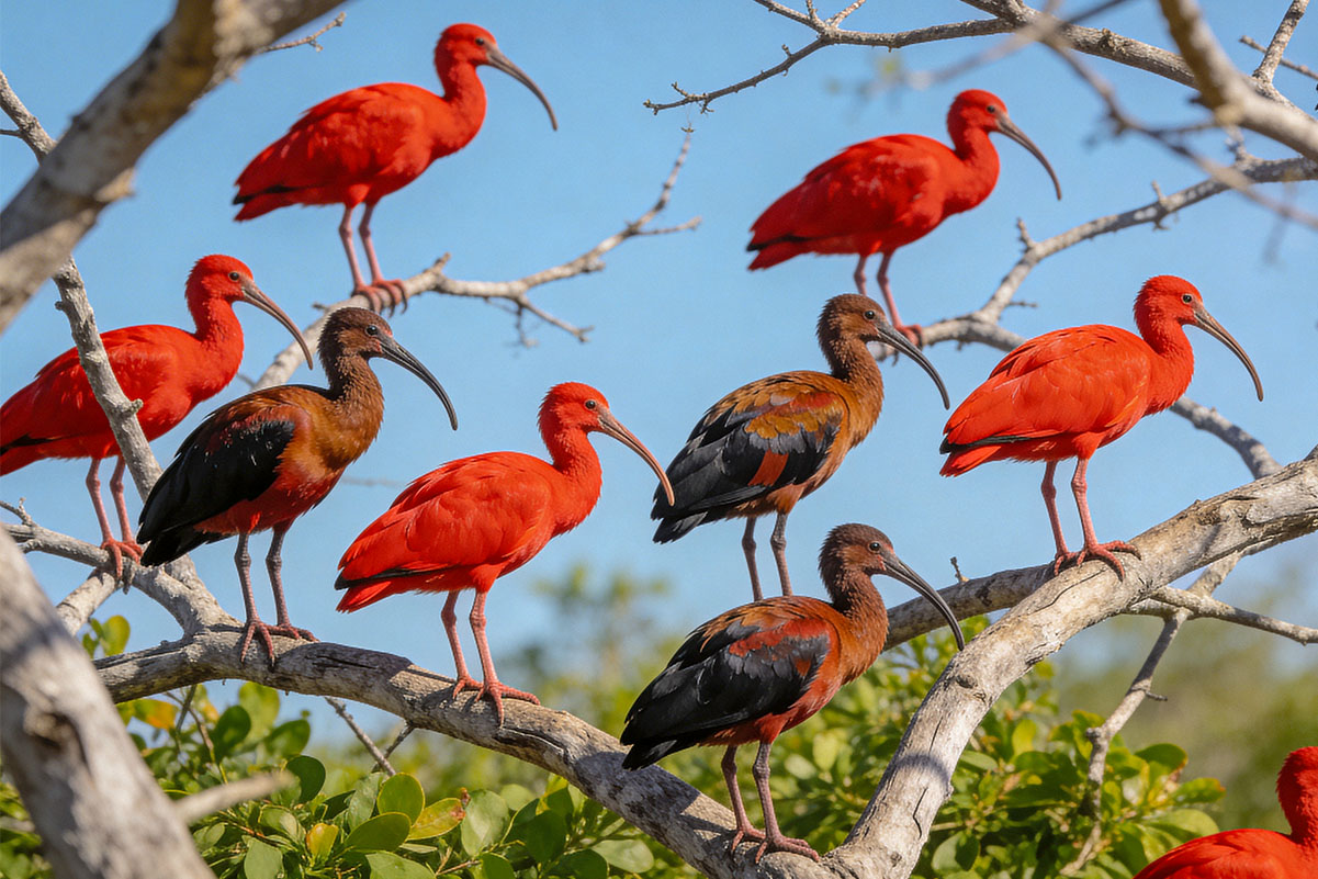 Bando de guarás vermelhos pousados em galhos de árvore no manguezal